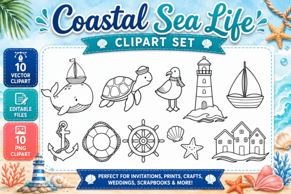 Download Coastal Sea Life Digital Clipart PNG - Digital Collection