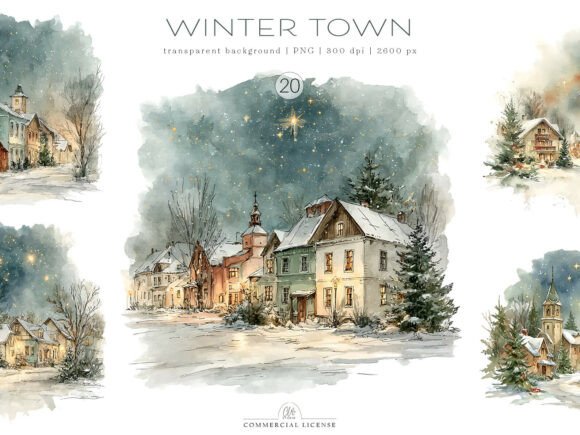 Download 20 PNG Winter Town Watercolor Set - Premium Resources