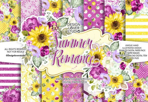 Download Watercolor SUMMER ROMANCE Digital Papers - Digital Collection