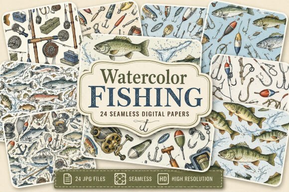 Download Watercolor Fishing Digital Paper - Digital Collection