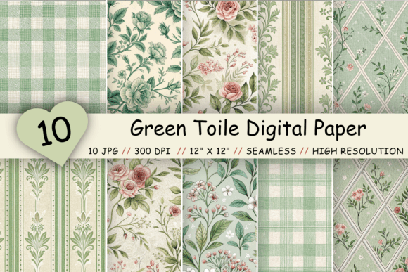 Download Green Toile Digital Paper Pack, Vintage - Digital Collection