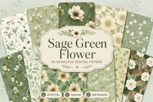 Download Seamless Sage Green Flower Digital Set - Digital Collection