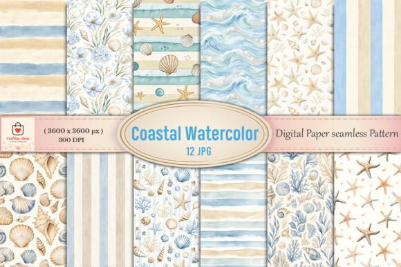 Download Coastal Watercolor Digital Paper Bundle - Digital Collection
