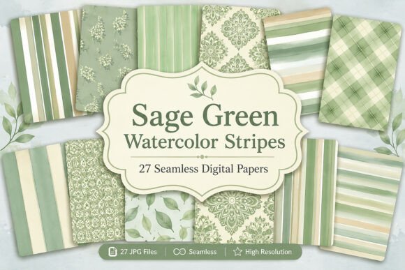 Download Sage Green Watercolor Stripes Digital - Digital Collection